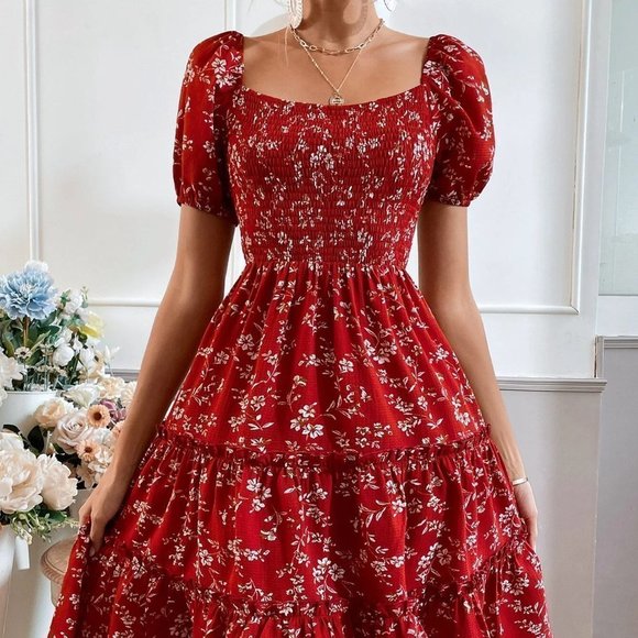 boho  Floral Print Puff Sleeve Shirred Layered Hem Dress red - Picture 3 of 5